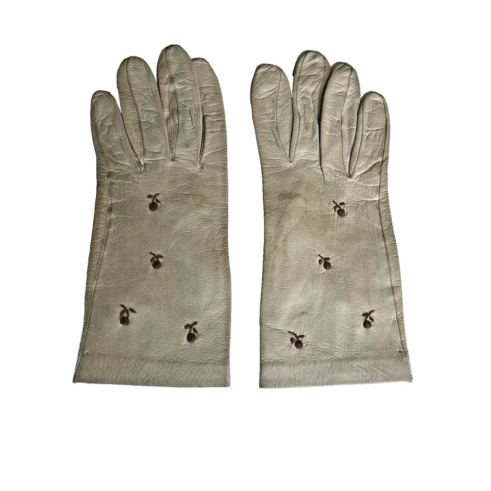 Vintage Women's Cream Floral Embroidered Leather Short Driving Church Gloves